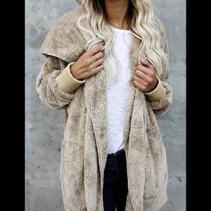 KAHKI HOODED CARDIGAN FLUFFY COAT OPEN FRONT JACKE